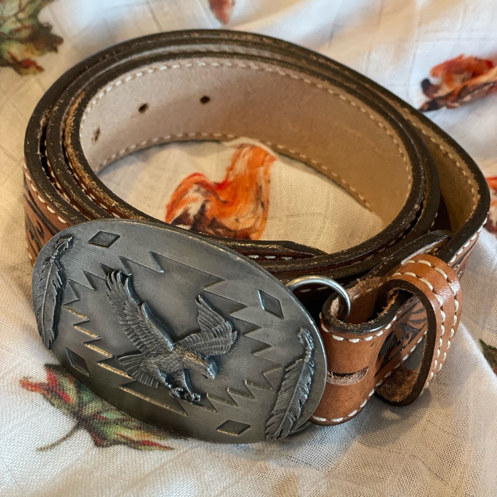 Vintage Western Leather Belt with Eagle Buckle Sz 42 MADE IN USA Cowboy